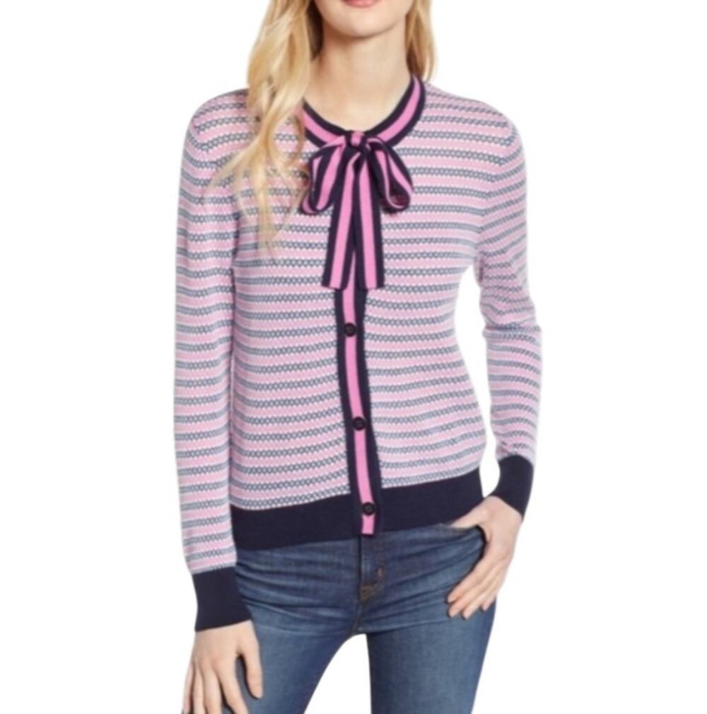 J. Crew Pink Textured Blue Lady Bow Cardigan Sweater